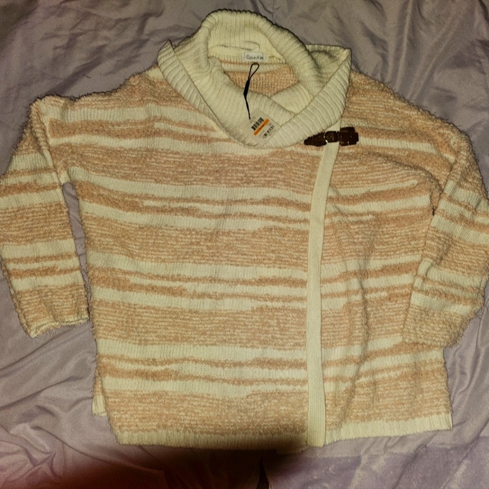 Calvin Klein Eyelash Chenille cowlneck buckle poncho striped sweater horizontal